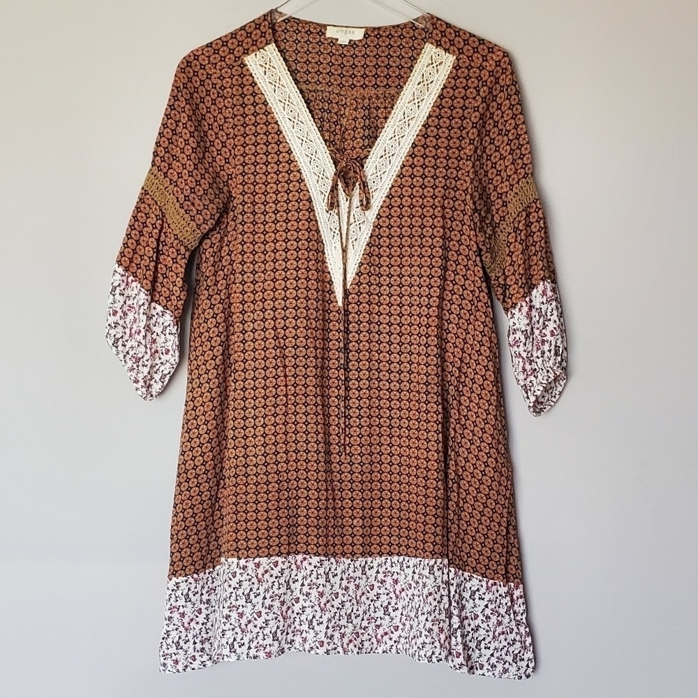 Umgee Mixed-Media Print V-Neck Bohemian Dress
